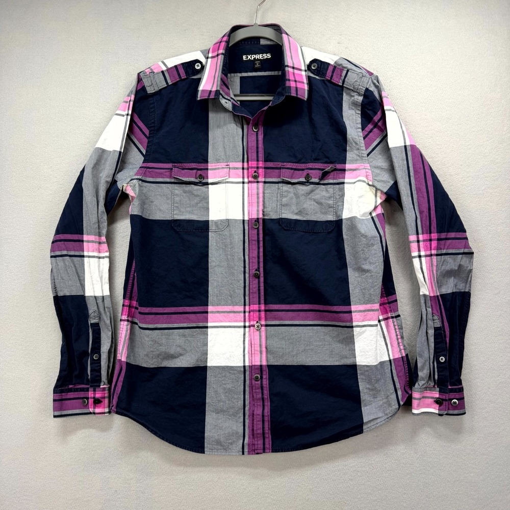 Express Dress Shirt Mens Large 16-16.5 Pink Black Plaid Epaulette Oxford Preppy